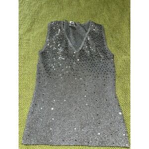 Once 1 Again Womens Silver Metallic Sequin V-Neck Knit Tank Top Size L Party